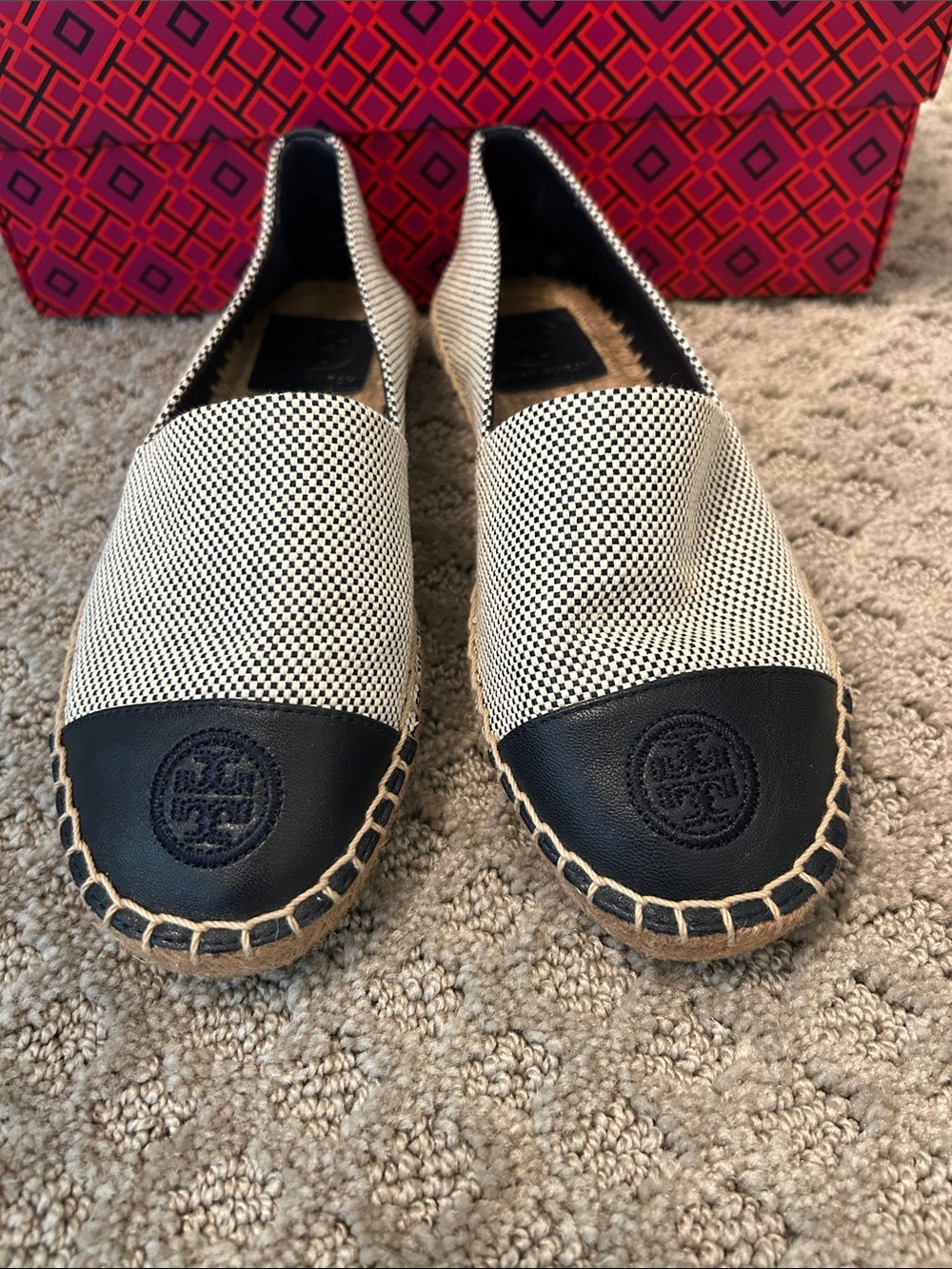 Tory Burch Navy and White Espadrille Slip-On Flats